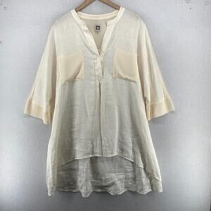 ANNE KLEIN Blouse XL Tunic Linen Chiffon Split Neck Popover 3/4 Sleeve Ivory